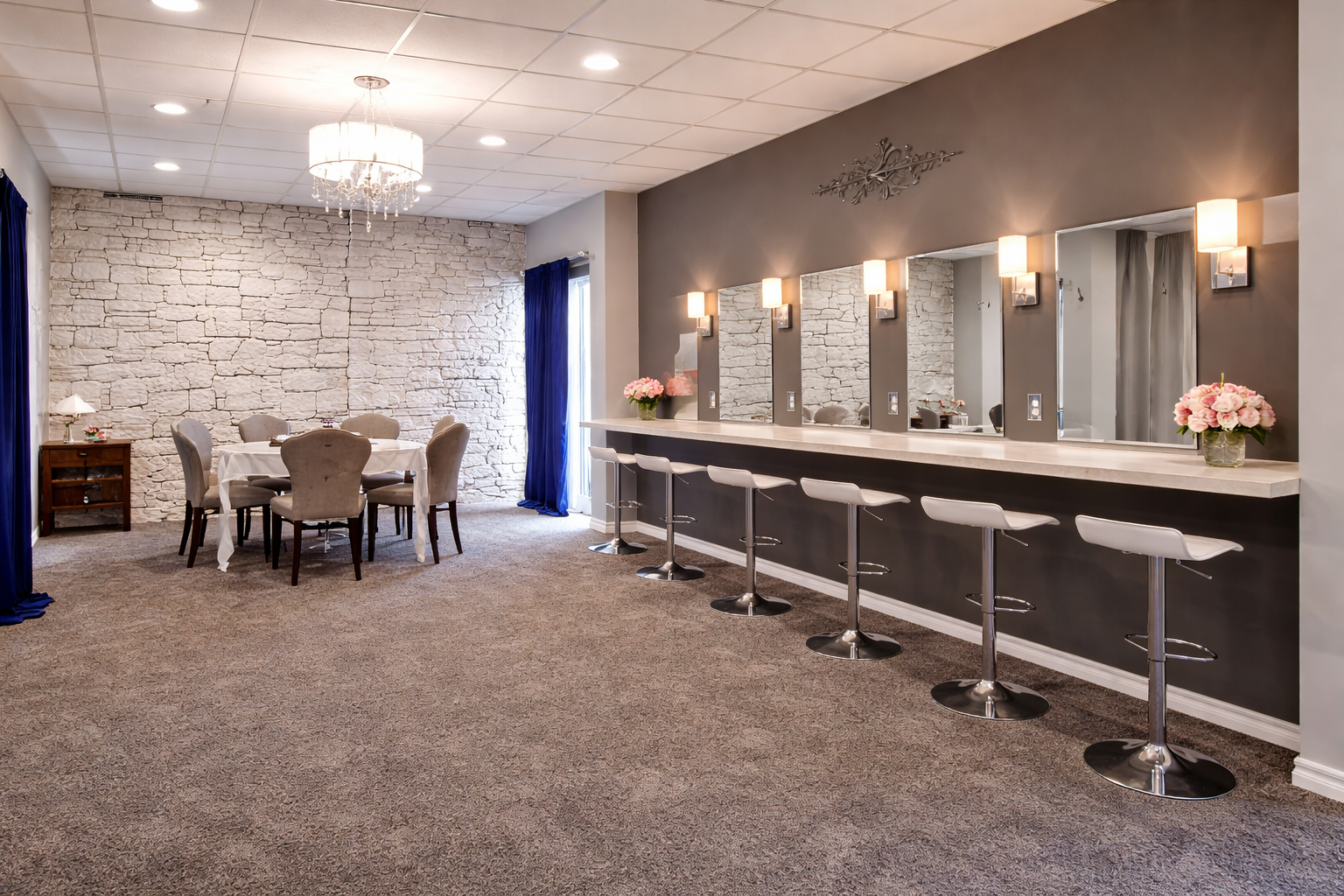 Bridal suite at Oasis Grand Hall with mirrors and getting-ready space