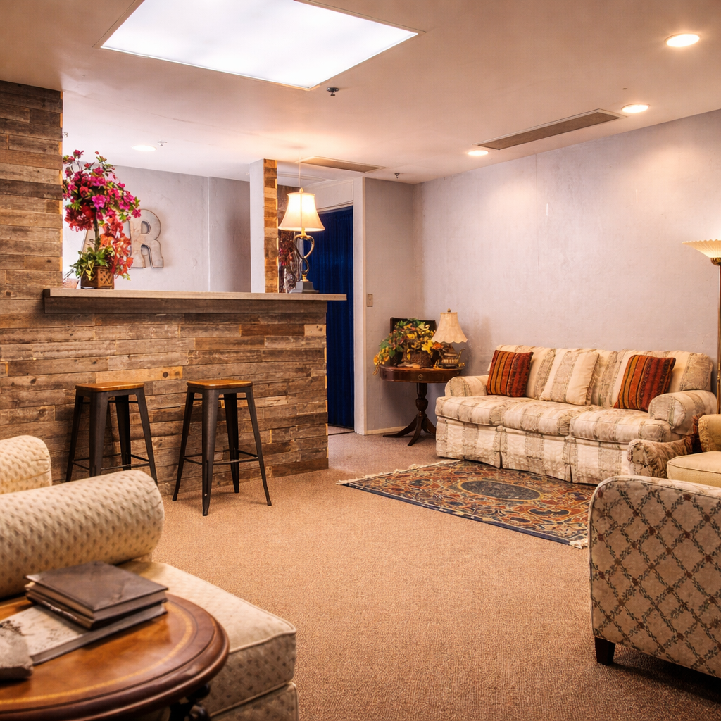 Lounge-style groom's room at Oasis Grand Hall